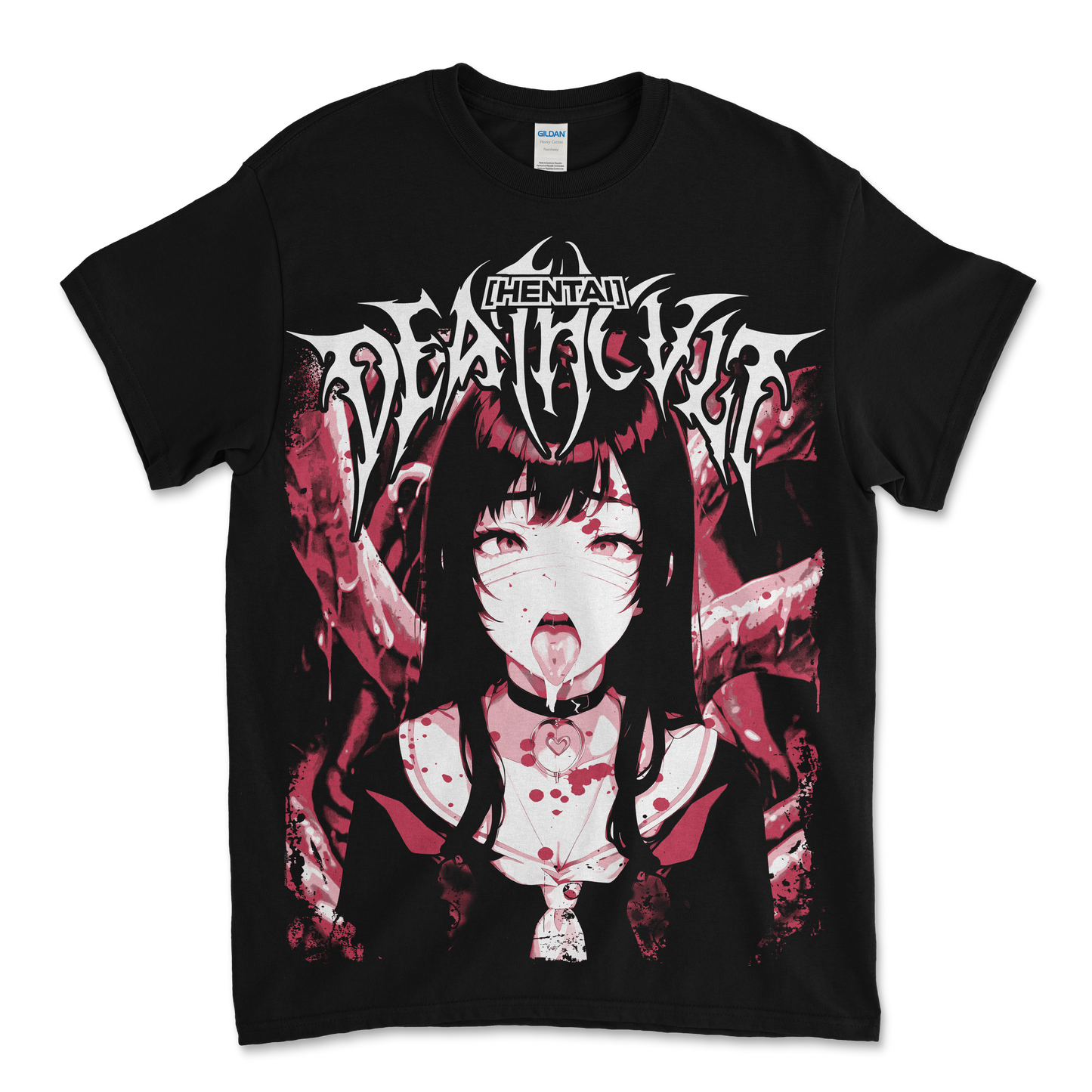 An image of a black T shirt featuring an oversized print, with death metal font and a girl drooling infront of tentacles