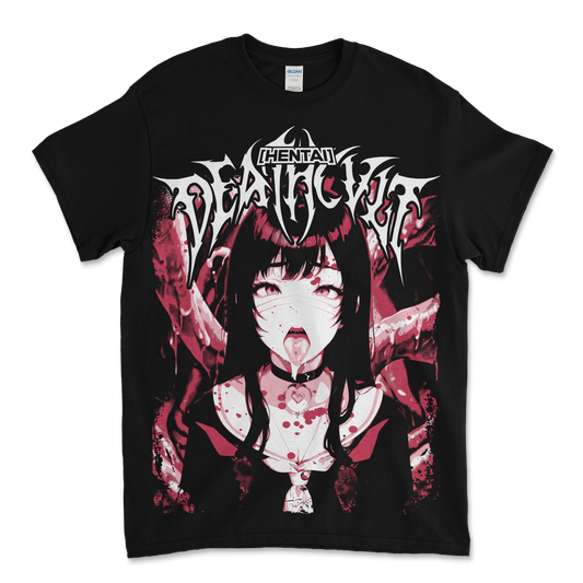 An image of a black T shirt featuring an oversized print, with death metal font and a girl drooling infront of tentacles