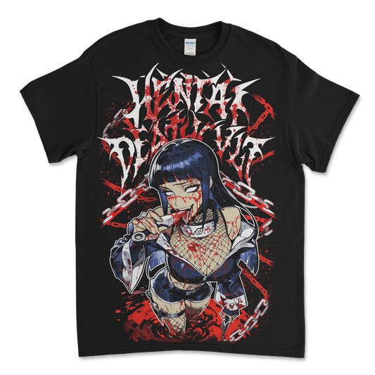 Black Gildan Tee featuring Hinata from Naruto wrapped in bloody chains, licking blood off a kunai